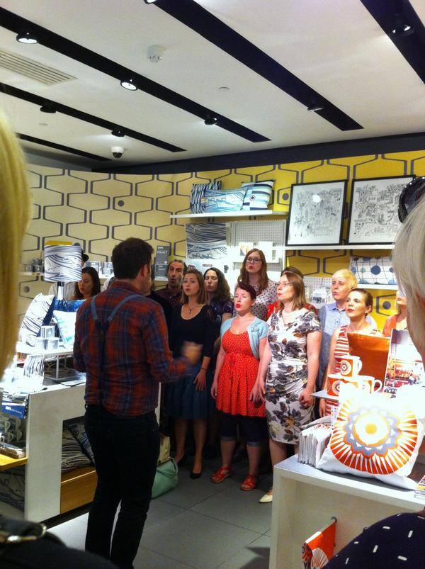 The Pop-Up Choir singing in the Southbank Centre shop for Mini Moderns's Remix!